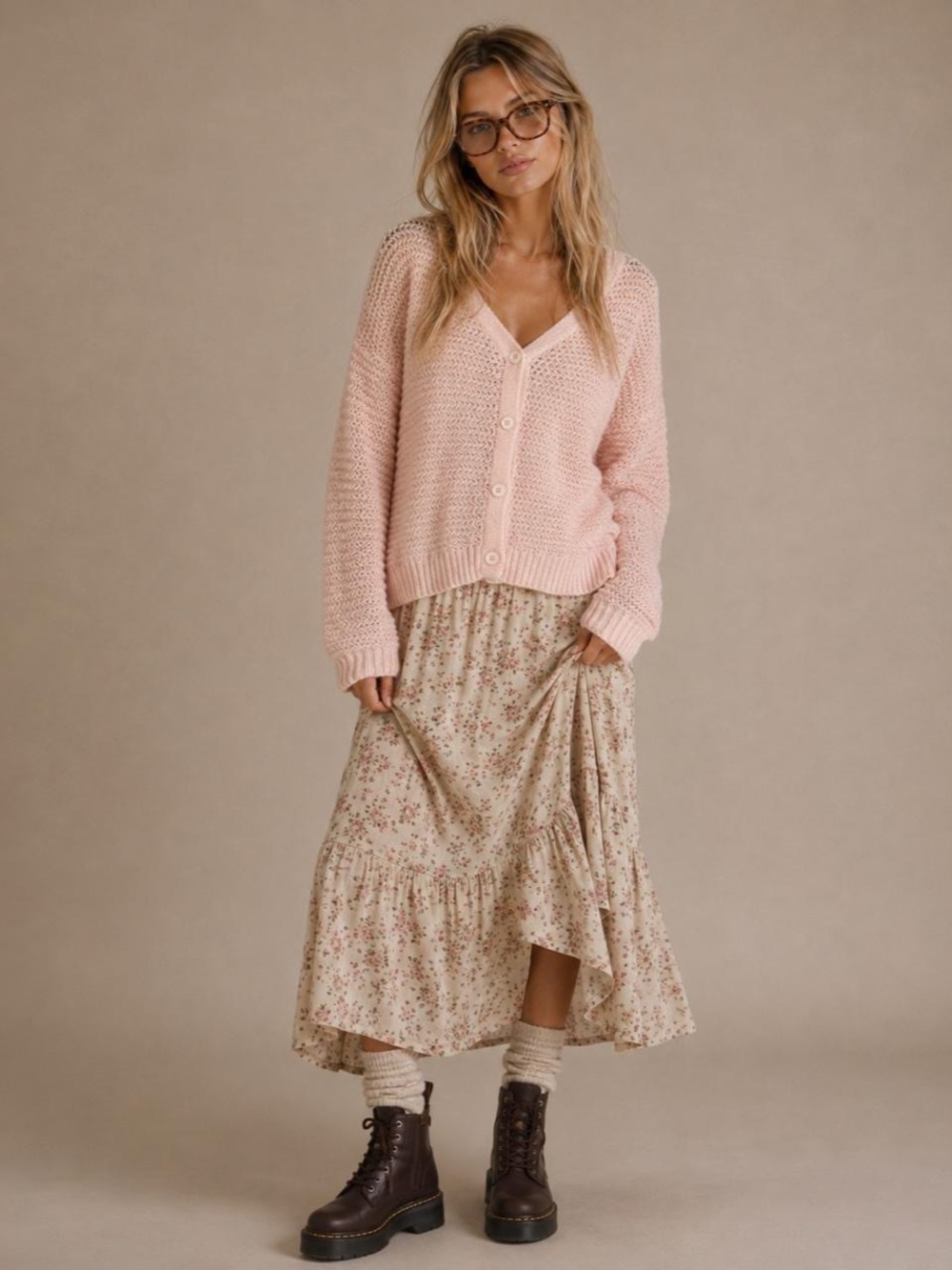 Soft Pink Cable-Knit Cardigan